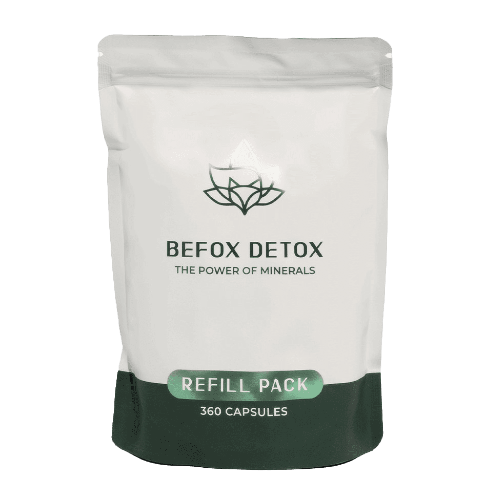 BeFox Detox Refill Pack- Enthält 360 Kapseln für bis zu 180 Tage Schutz. Mit dem großen Beutel lässt sich das Glas wiederauffüllen.
